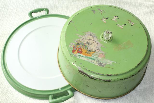 photo of shabby vintage metal cake cover dome w/ jadite green & white enamelware tray plate, 1920s  #6