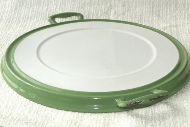 photo of shabby vintage metal cake cover dome w/ jadite green & white enamelware tray plate, 1920s  #8