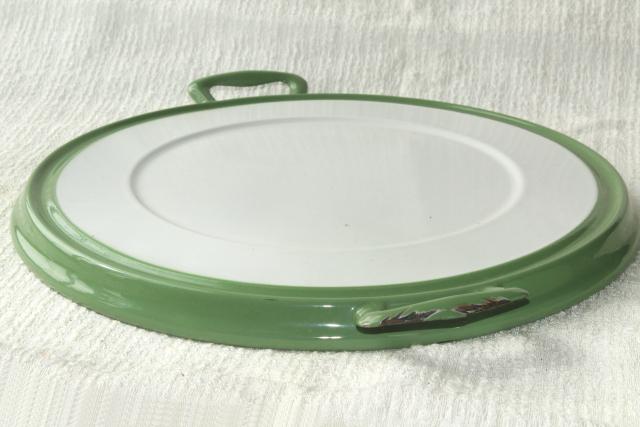 photo of shabby vintage metal cake cover dome w/ jadite green & white enamelware tray plate, 1920s  #9