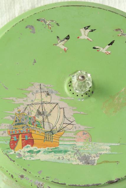 photo of shabby vintage metal cake cover dome w/ jadite green & white enamelware tray plate, 1920s  #12