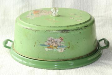 catalog photo of shabby vintage metal cake cover dome w/ jadite green & white enamelware tray plate, 1920s 