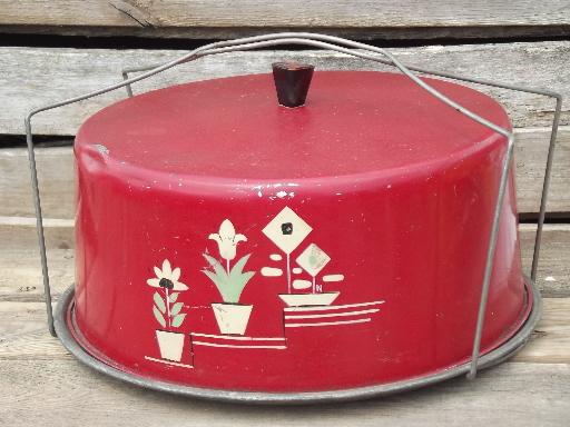 photo of shabby vintage metal litho cake carrier, plate and cover w/ flowers #1