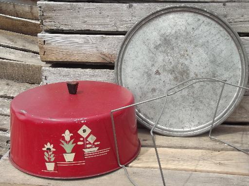 photo of shabby vintage metal litho cake carrier, plate and cover w/ flowers #3