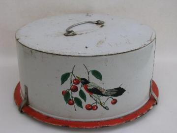 catalog photo of shabby vintage metal litho cake carrier, plate w/cover robin & cherries