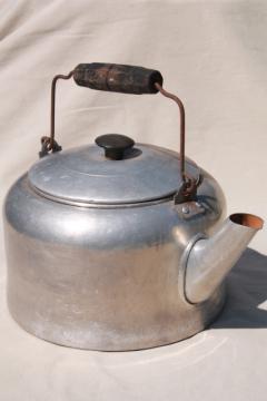 catalog photo of shabby vintage metal tea kettle for garden planter, big old teapot one gallon size