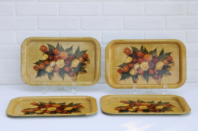 photo of shabby vintage metal trays w/ fall floral print rust, brown, gold straw flowers, gallery wall decor #1