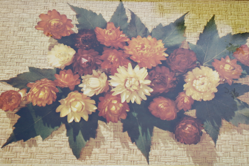 photo of shabby vintage metal trays w/ fall floral print rust, brown, gold straw flowers, gallery wall decor #2