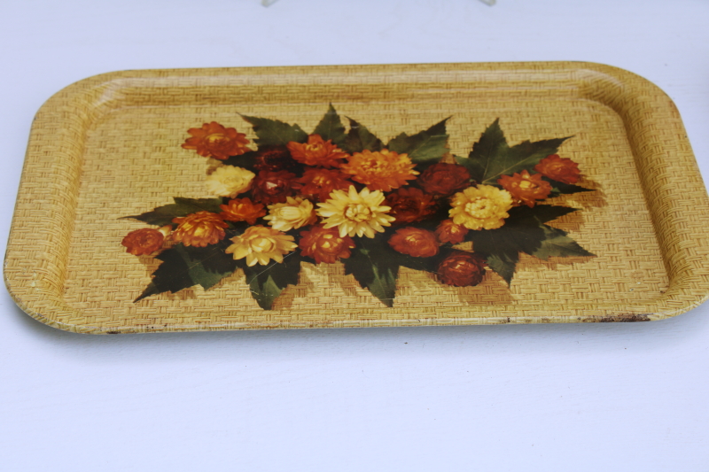photo of shabby vintage metal trays w/ fall floral print rust, brown, gold straw flowers, gallery wall decor #3