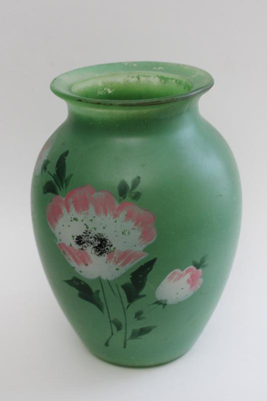 photo of shabby vintage painted glass vase, jadeite green w/ pink & white floral cottage chic #1