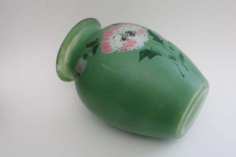 photo of shabby vintage painted glass vase, jadeite green w/ pink & white floral cottage chic #3