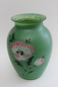 catalog photo of shabby vintage painted glass vase, jadeite green w/ pink & white floral cottage chic