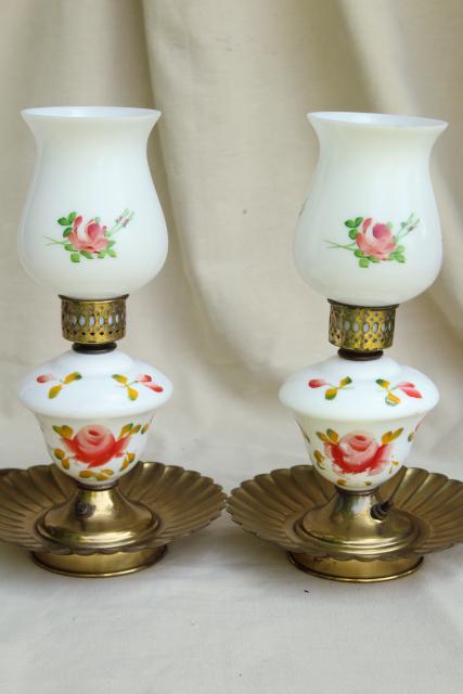 photo of shabby vintage painted roses milk glass lamps, boudoir or parlor mantel lamp pair #3