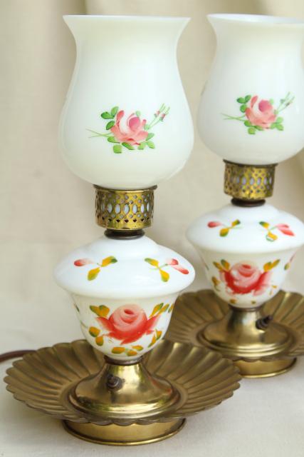 photo of shabby vintage painted roses milk glass lamps, boudoir or parlor mantel lamp pair #4