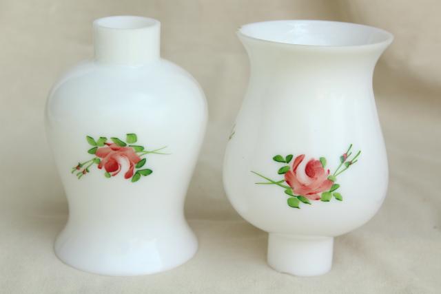 photo of shabby vintage painted roses milk glass lamps, boudoir or parlor mantel lamp pair #10