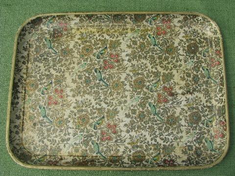 photo of shabby vintage papier mache tray, chintz floral print w/ gold #2