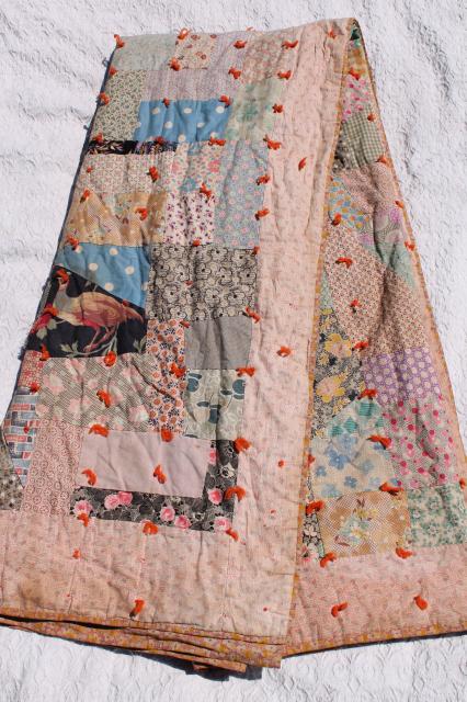 photo of shabby vintage patchwork quilt, hand-tied comforter w/ colorful old fabric prints #1