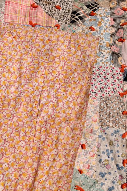 photo of shabby vintage patchwork quilt, hand-tied comforter w/ colorful old fabric prints #2