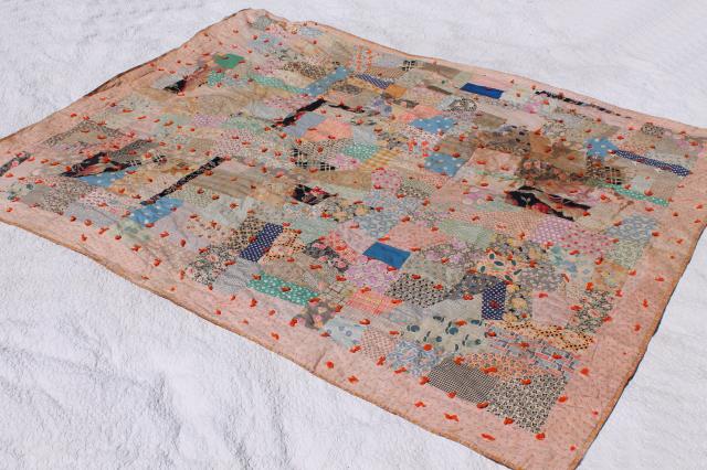 photo of shabby vintage patchwork quilt, hand-tied comforter w/ colorful old fabric prints #5