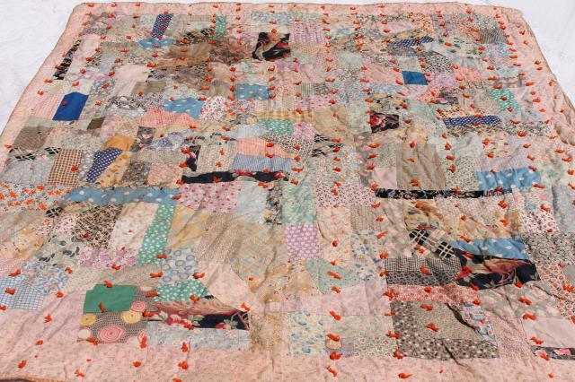 photo of shabby vintage patchwork quilt, hand-tied comforter w/ colorful old fabric prints #6
