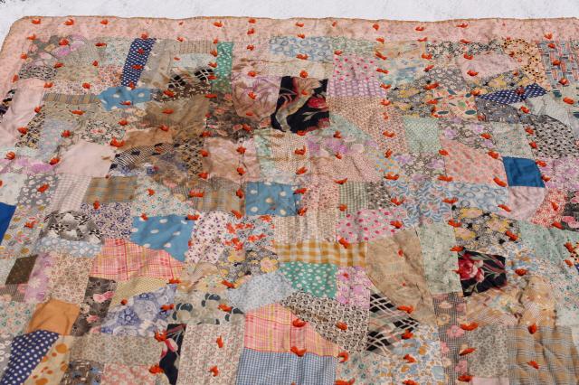 photo of shabby vintage patchwork quilt, hand-tied comforter w/ colorful old fabric prints #7