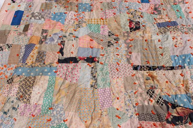 photo of shabby vintage patchwork quilt, hand-tied comforter w/ colorful old fabric prints #8