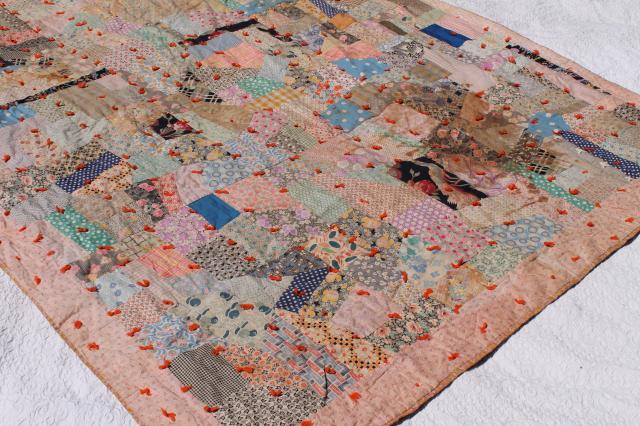 photo of shabby vintage patchwork quilt, hand-tied comforter w/ colorful old fabric prints #9