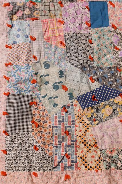 photo of shabby vintage patchwork quilt, hand-tied comforter w/ colorful old fabric prints #10