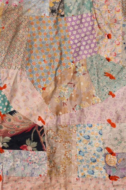 photo of shabby vintage patchwork quilt, hand-tied comforter w/ colorful old fabric prints #11