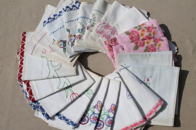 photo of shabby vintage pillowcases lot, floral print fabric or embroidered pillowcases w/ crochet lace #1