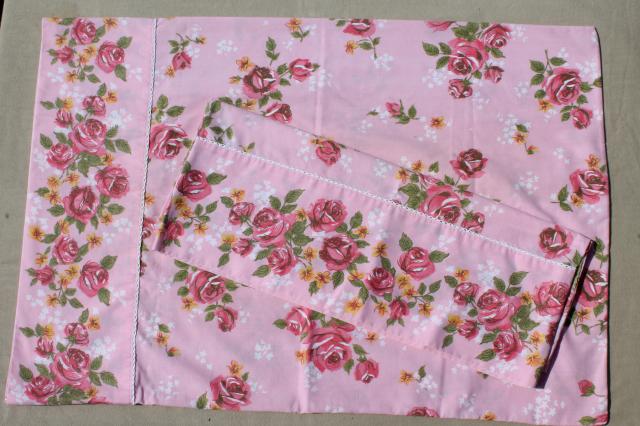 photo of shabby vintage pillowcases lot, floral print fabric or embroidered pillowcases w/ crochet lace #3