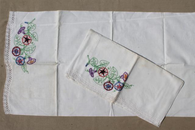 photo of shabby vintage pillowcases lot, floral print fabric or embroidered pillowcases w/ crochet lace #5