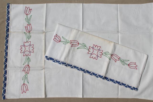 photo of shabby vintage pillowcases lot, floral print fabric or embroidered pillowcases w/ crochet lace #6