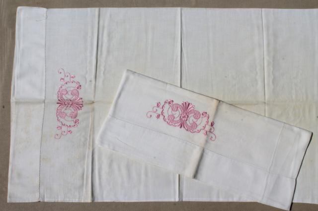 photo of shabby vintage pillowcases lot, floral print fabric or embroidered pillowcases w/ crochet lace #11