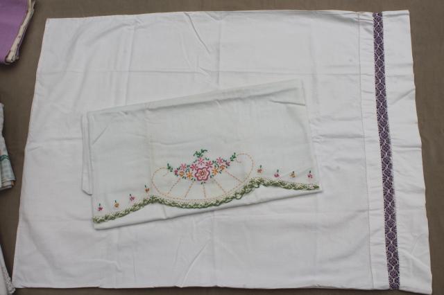 photo of shabby vintage pillowcases lot, floral print fabric or embroidered pillowcases w/ crochet lace #10