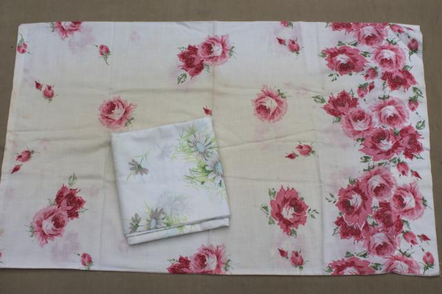 photo of shabby vintage pillowcases lot, floral print fabric or embroidered pillowcases w/ crochet lace #11