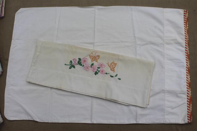 photo of shabby vintage pillowcases lot, floral print fabric or embroidered pillowcases w/ crochet lace #12