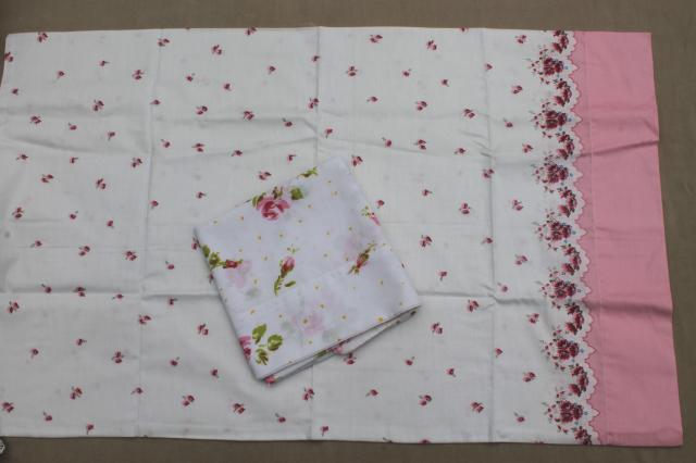 photo of shabby vintage pillowcases lot, floral print fabric or embroidered pillowcases w/ crochet lace #13