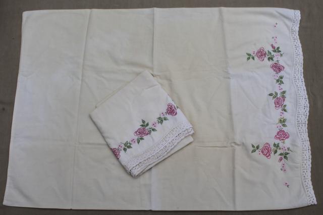 photo of shabby vintage pillowcases lot, floral print fabric or embroidered pillowcases w/ crochet lace #16