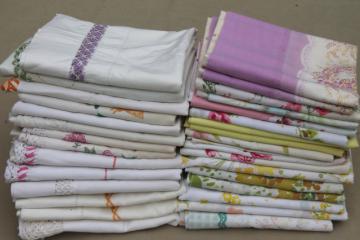 catalog photo of shabby vintage pillowcases lot, floral print fabric or embroidered pillowcases w/ crochet lace