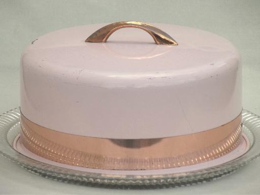 photo of shabby vintage pink metal cake dome cover w/ pressed glass cake plate #1