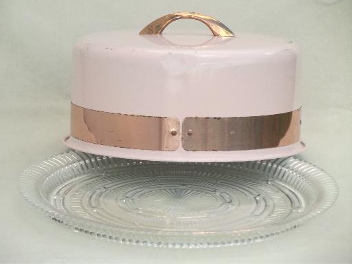 photo of shabby vintage pink metal cake dome cover w/ pressed glass cake plate #4