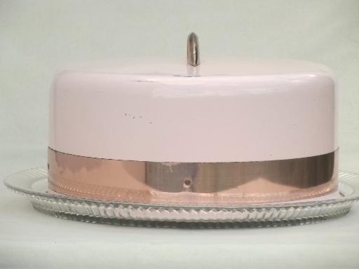 photo of shabby vintage pink metal cake dome cover w/ pressed glass cake plate #5