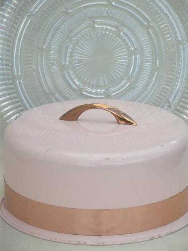 photo of shabby vintage pink metal cake dome cover w/ pressed glass cake plate #6