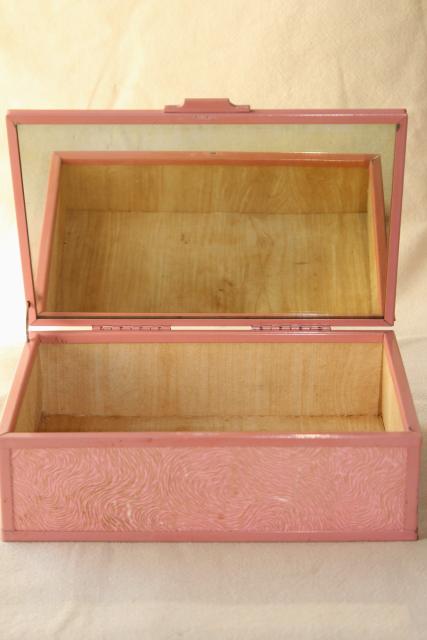 photo of shabby vintage pink stucco memory box w/ cottage scene, dresser chest for hankies or gloves #3