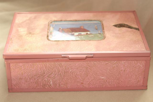 photo of shabby vintage pink stucco memory box w/ cottage scene, dresser chest for hankies or gloves #6
