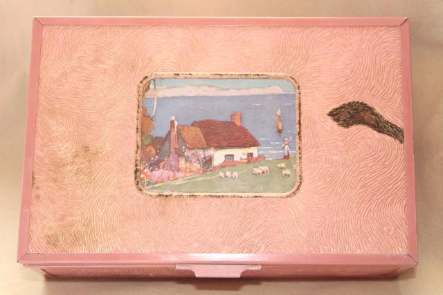 photo of shabby vintage pink stucco memory box w/ cottage scene, dresser chest for hankies or gloves #7