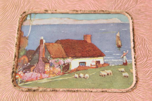 photo of shabby vintage pink stucco memory box w/ cottage scene, dresser chest for hankies or gloves #8
