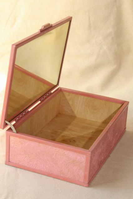 photo of shabby vintage pink stucco memory box w/ cottage scene, dresser chest for hankies or gloves #9
