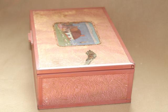 photo of shabby vintage pink stucco memory box w/ cottage scene, dresser chest for hankies or gloves #10