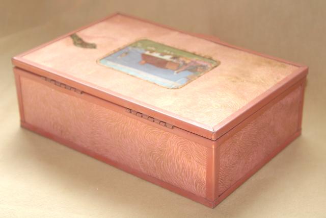 photo of shabby vintage pink stucco memory box w/ cottage scene, dresser chest for hankies or gloves #11